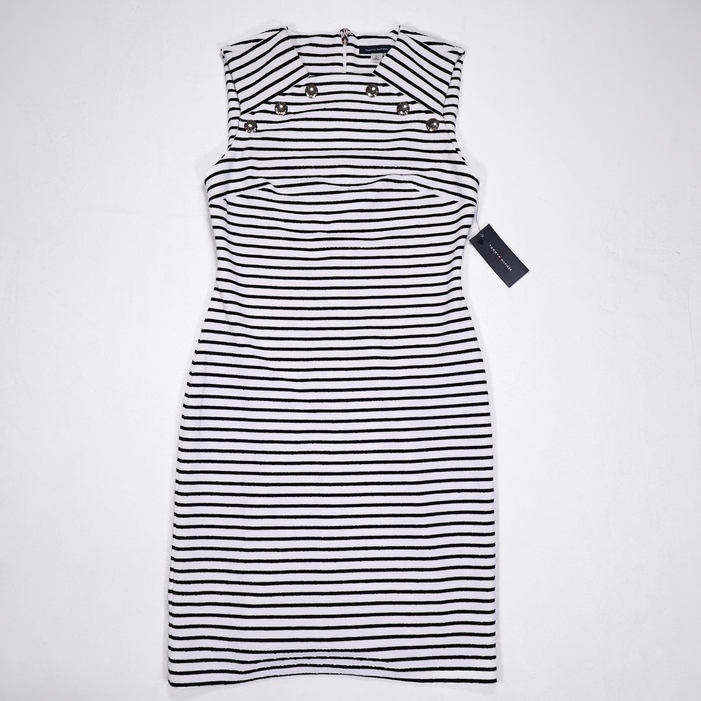 NWT TOMMY HILFIGER Women's 4 Black White‎ Striped Sleeveless Midi Sheath Dress - Picture 4 of 10